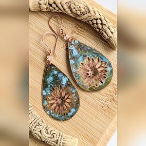 Boho Chic Statement Earrings Vintage Brass Charms Faceted Moonstone Gems